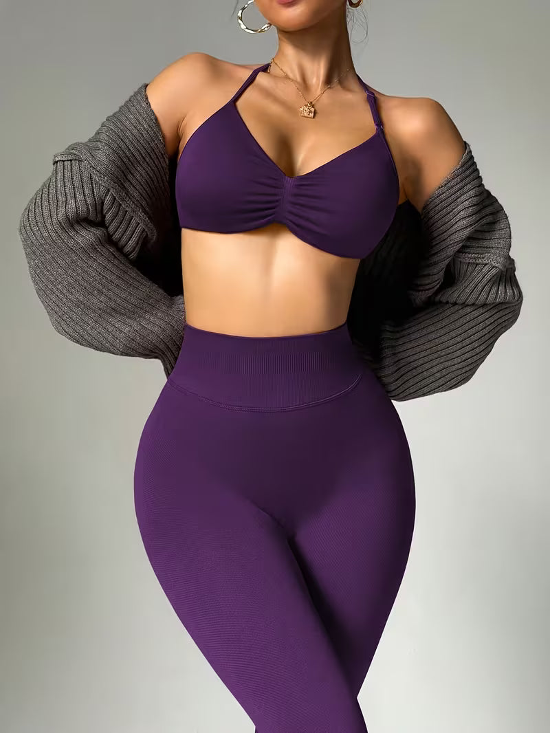 2pcs Solid Color Sexy Thin Strap Halter Neck Women'S Athletic Set, Non-Removable Chest Pad Sports Bra And Tummy Control Tight Leggings, Women'S Yoga Outfit