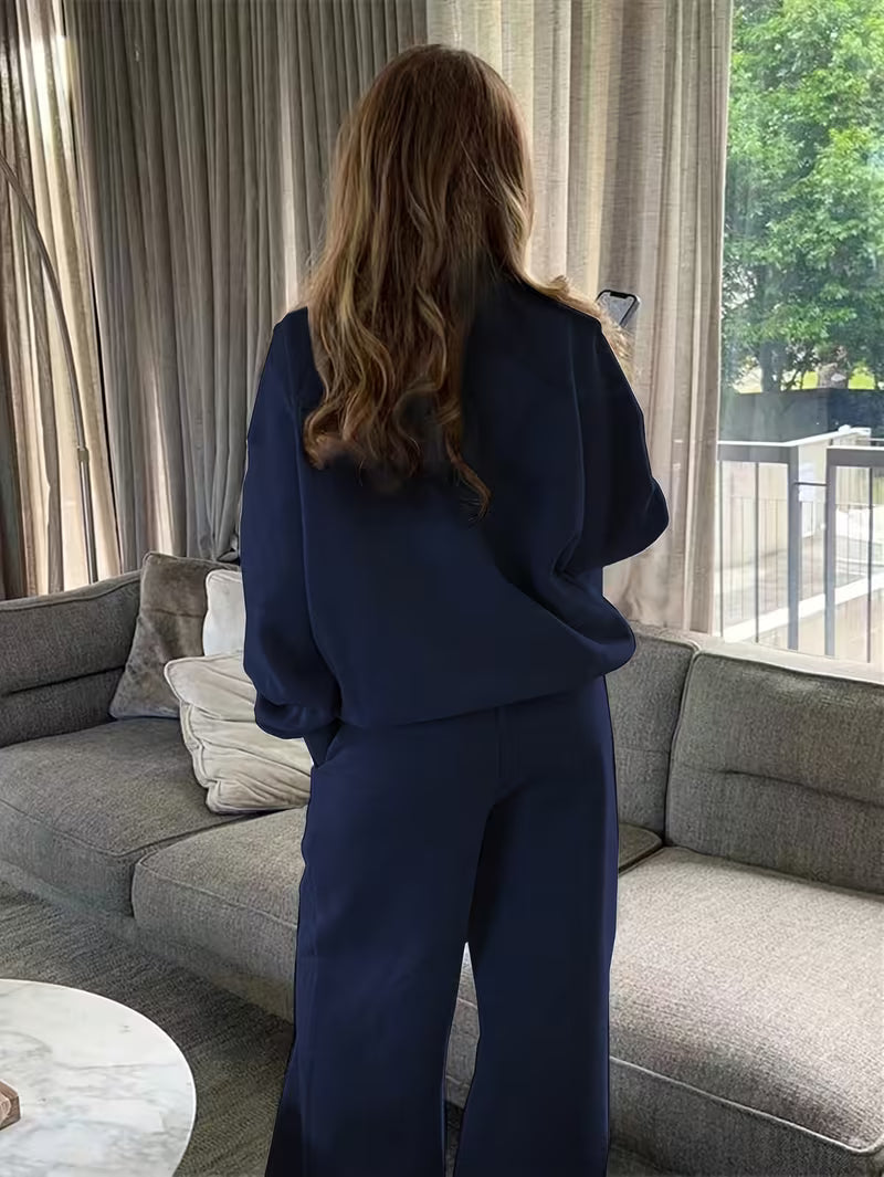 2Pcss Women'S Solid Color Zip-Up Half-Open Shoulder Loose Sweatshirt And Jogger Pants Set, Spring/Fall Wear, Oversized Long Sleeve 2Pcss Outfit Casual Daily Style