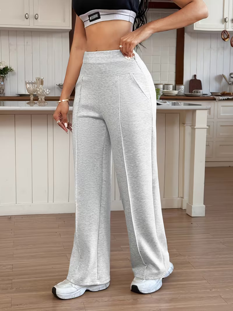 Women's Wide-Leg Trousers with Wide Elastic Waist & Full-Length Pants - Loose-Fit High-Waisted Casual/ Workout Pants Suitable for Spring/Autumn, Gym, Training - Solid Color Elastic Comfortable Long Pants (No)