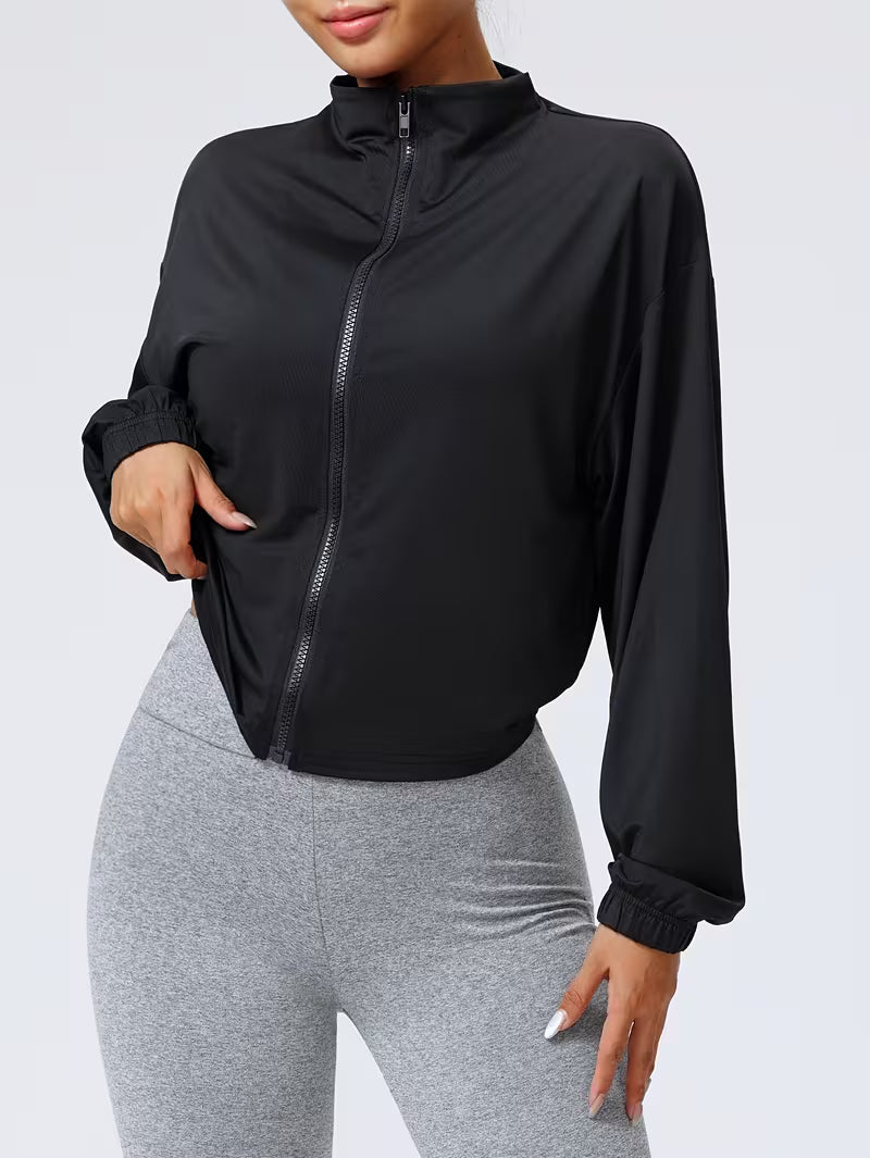 Women's Stand-up Collar Zippered Sports Jacket, Casual Short-sleeve Ribbed Cuff Running Fitness Yoga Jacket