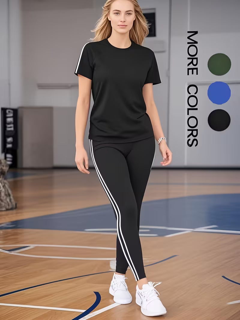 Women'S Casual Fashion Outdoor Sports Suit Double Sided Tie Stripes Round Neck Short Sleeves Long Pants Two Piece Set Women'S Sports Jogging Outfit Women'S Indoor Sports Set