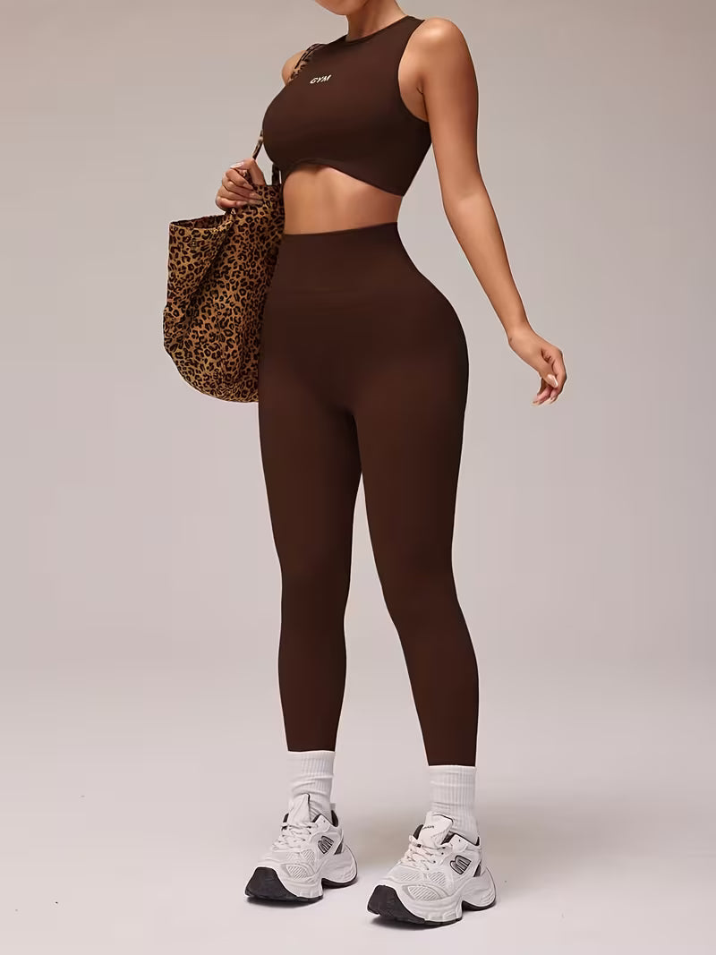 Women'S 2pcs Letter Print Crop Top And Leggings Athletic Set - High-Waist Breathable Fabric, Suitable for Yoga, Training, And Casual Wear, Athletic Comfort Fit