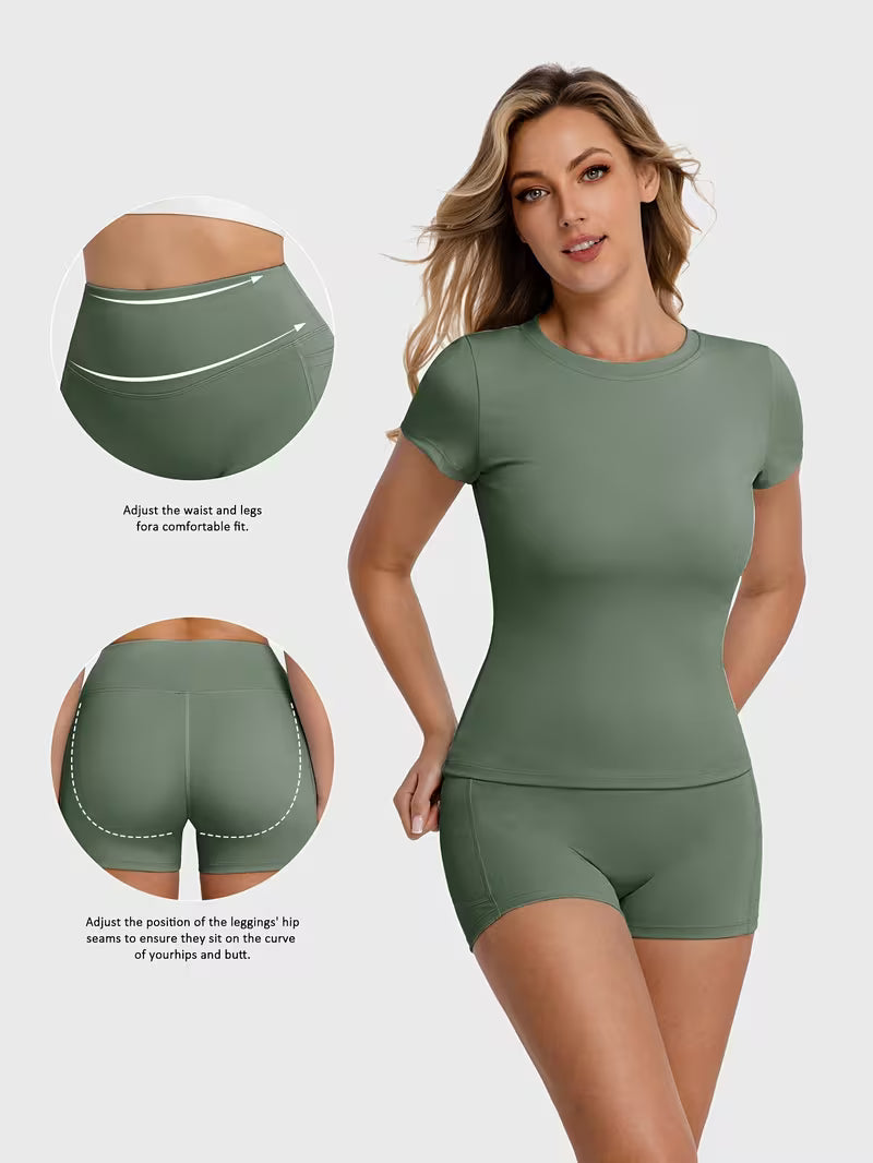 Women'S 2pcs Yoga T-Shirt And Shorts Set - Show Off Your Figure with High Stretch, Comfortable And Breathable Sportswear, Suitable for Pilates Training, Outdoor Sports, Running, Yoga, Daily Leisure And Gym Wear, Yoga Clothes, Women'S Clothing