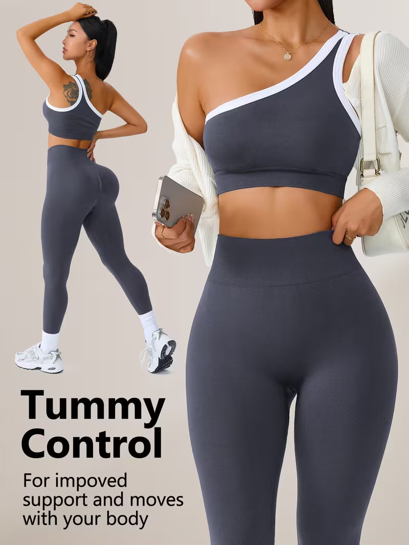 2pcs Set of 300G Women'S Sports Suit Long - Slanted Shoulder Vest, Hip Lift High Elastic Leggings Suit - Fitness Clothing Autumn And Winter
