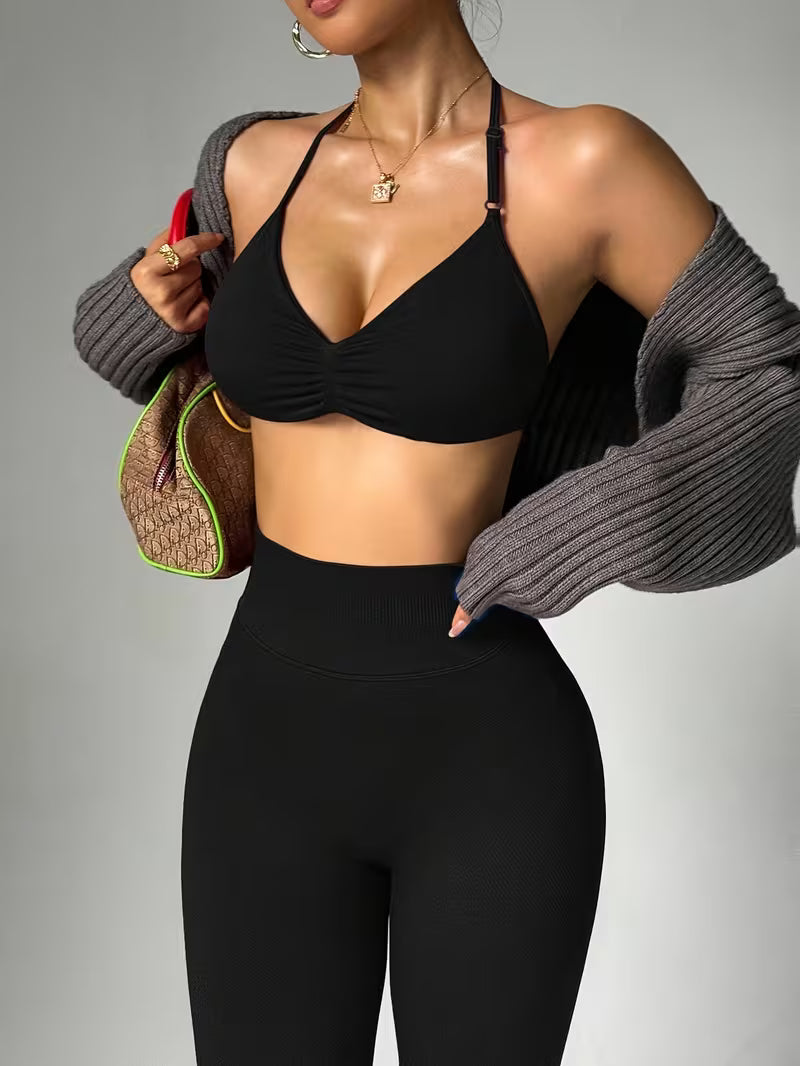 2pcs Solid Color Sexy Thin Strap Halter Neck Women'S Athletic Set, Non-Removable Chest Pad Sports Bra And Tummy Control Tight Leggings, Women'S Yoga Outfit