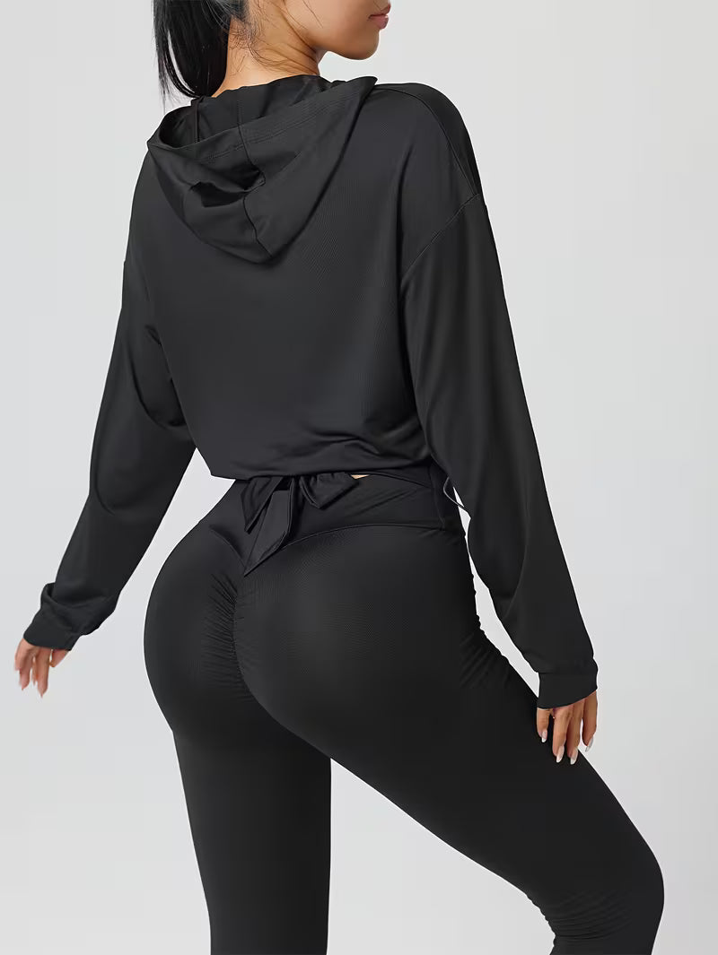 Women's Drawstring Hem Hooded Athletic Jacket, Casual Short Zip-Up Running Fitness Yoga Jacket