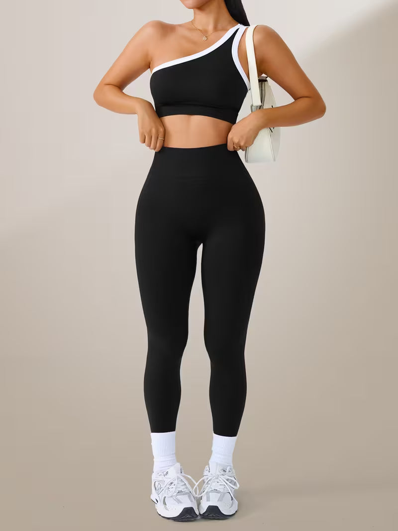 2pcs Set of 300G Women'S Sports Suit Long - Slanted Shoulder Vest, Hip Lift High Elastic Leggings Suit - Fitness Clothing Autumn And Winter
