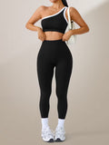2pcs Set of 300G Women'S Sports Suit Long - Slanted Shoulder Vest, Hip Lift High Elastic Leggings Suit - Fitness Clothing Autumn And Winter