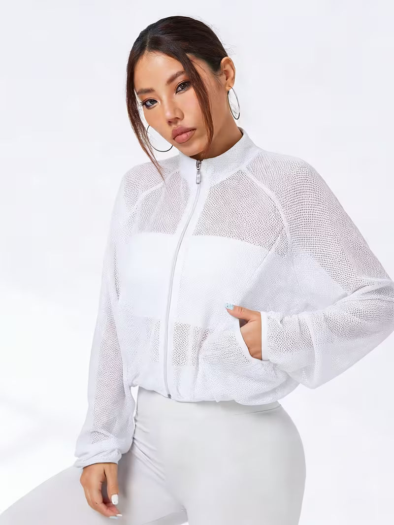 Semi-Sheer Mesh Yoga Jacket with Half-Turtleneck & Zipper Front - Breathable Stretchy Fitness Suit for Running, Gym, Outdoor - Loose-Fit Long Sleeve Zippered Outerwear Suitable for Spring/Autumn Training and Casual Wear