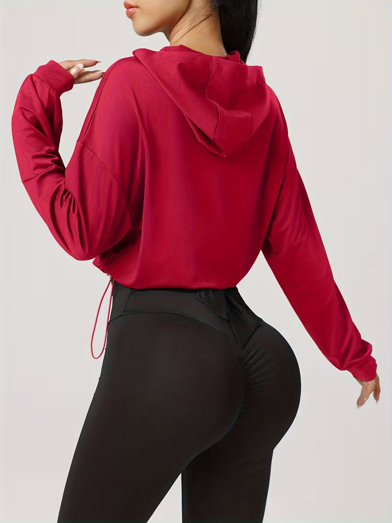 Women's Drawstring Hem Hooded Athletic Jacket, Casual Short Zip-Up Running Fitness Yoga Jacket