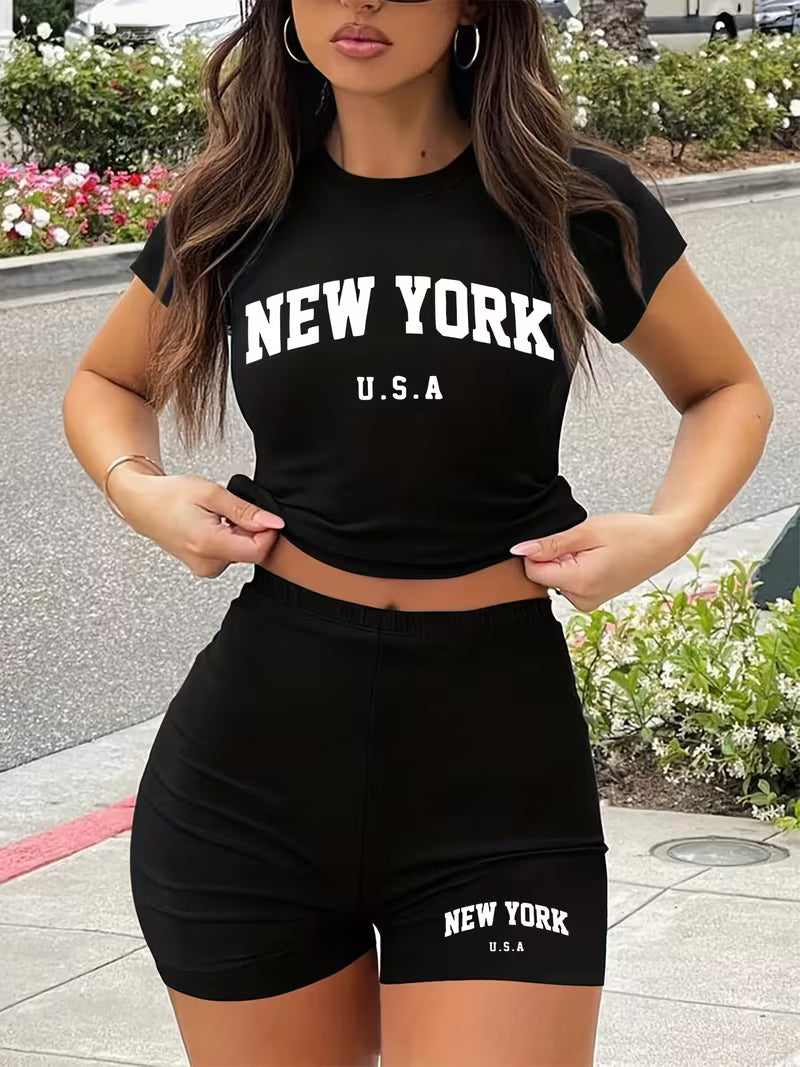Women's Casual Sporty Round Neck Loose Short Sleeve Shorts Set with Unique Print, Two-Piece Outfit for European and American Fashion